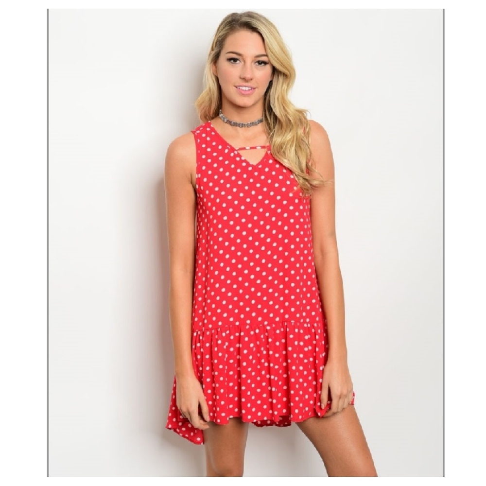 Red White Polka Dot Sleeveless Swing Mini Dress